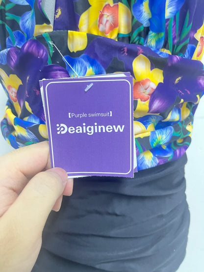 Deaiginew Purple Floral Swim Suit - Halter Neck One-Piece with Tummy-Control Design