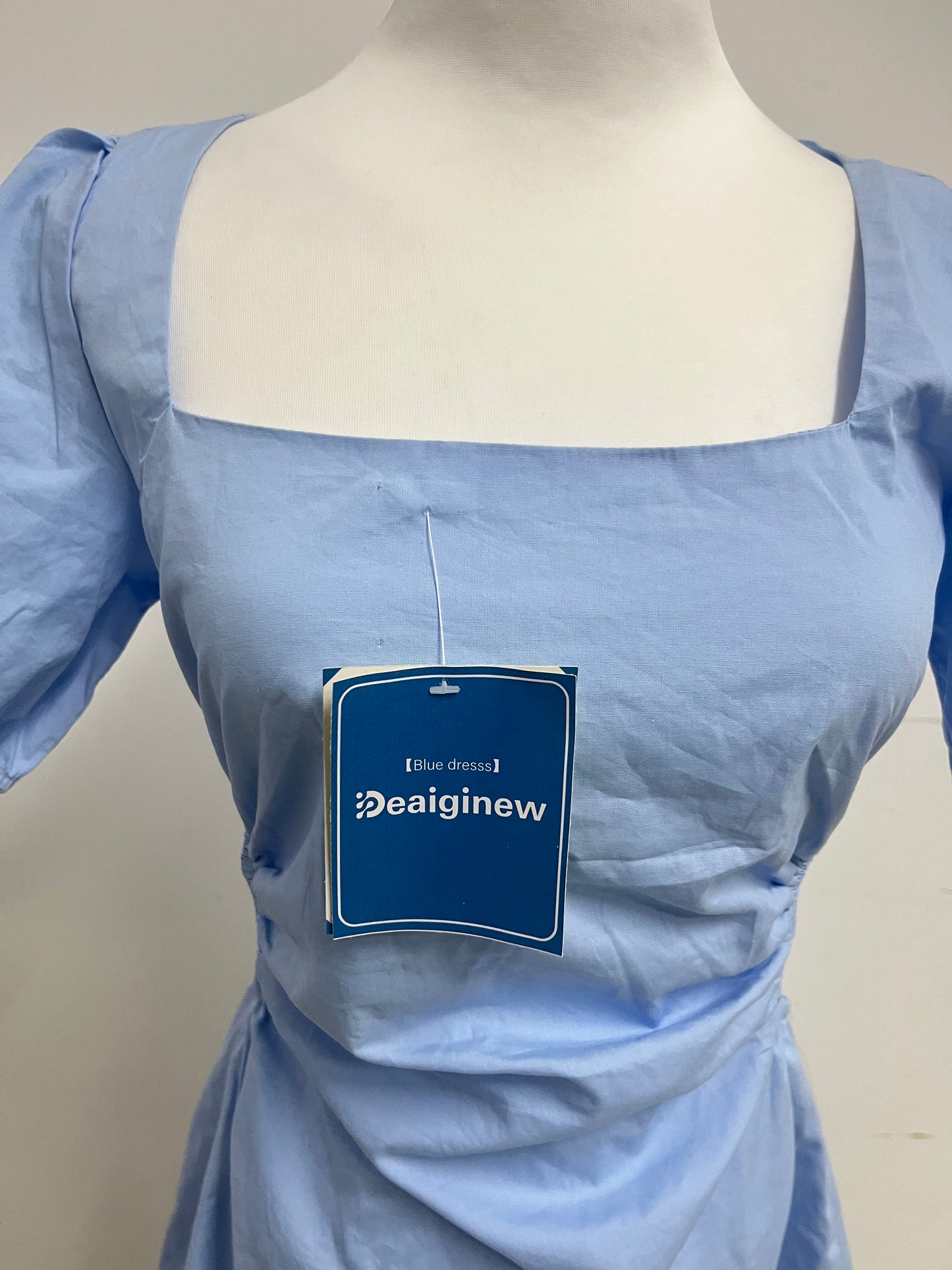 Deaiginew Blue Ruched Dress - Square Neck Puff Sleeve Mini for Versatile Elegance
