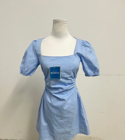 Deaiginew Blue Ruched Dress - Square Neck Puff Sleeve Mini for Versatile Elegance