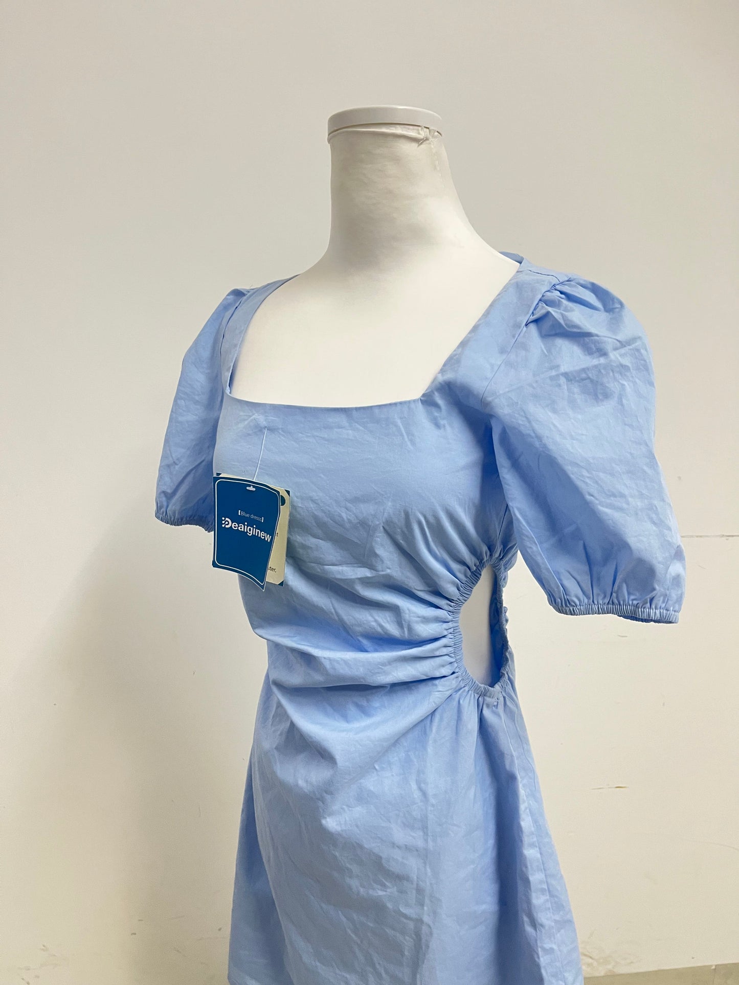 Deaiginew Blue Ruched Dress - Square Neck Puff Sleeve Mini for Versatile Elegance