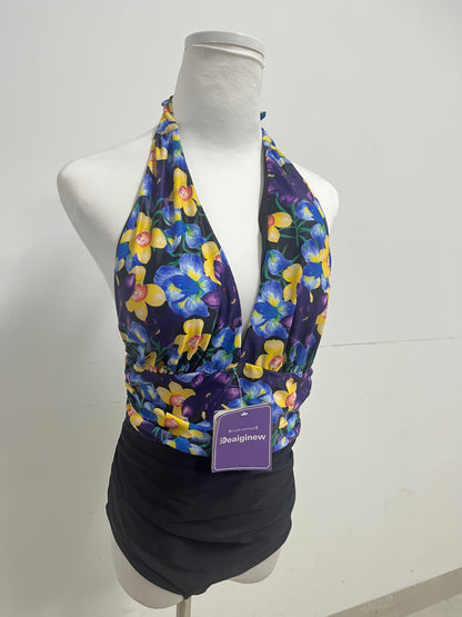 Deaiginew Purple Floral Swim Suit - Halter Neck One-Piece with Tummy-Control Design