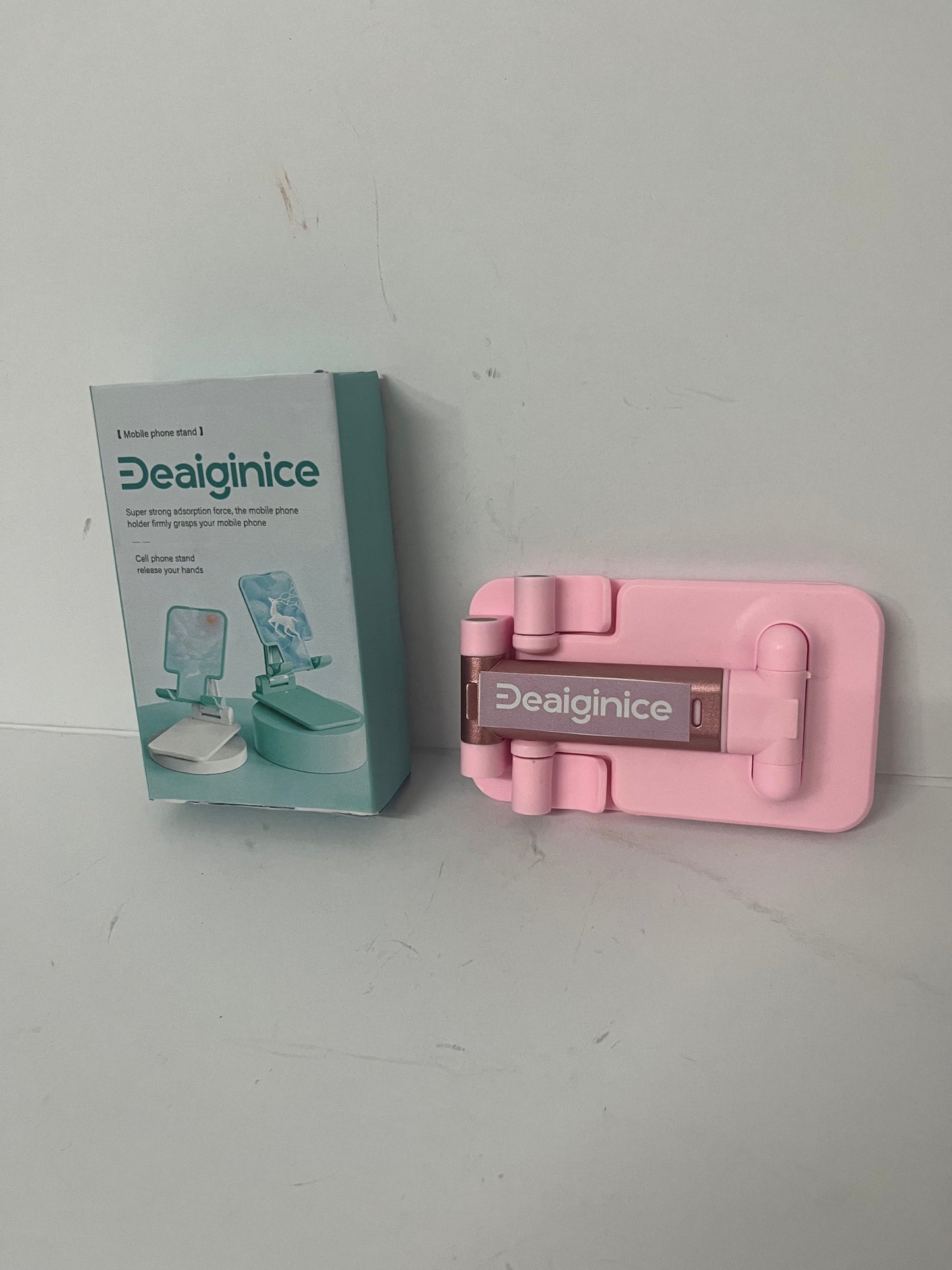 Deaiginice Cell Phone Stand, Angle Height Adjustable Cell Phone Holder for Desk, Fully Foldable with Silicone Pad, Compatible with iPhone and All Mobile Phones Tablet, Sturdy Weighted Base (Pink)