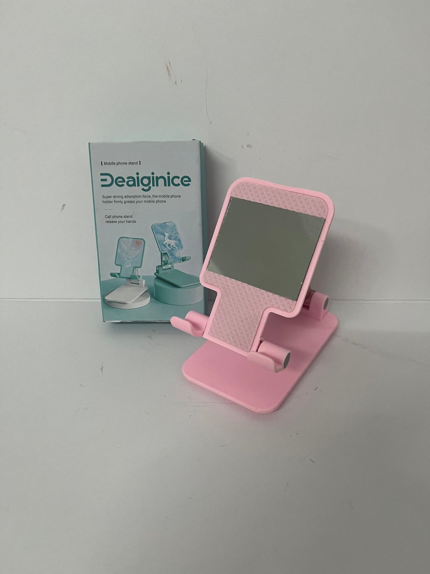 Deaiginice Cell Phone Stand, Angle Height Adjustable Cell Phone Holder for Desk, Fully Foldable with Silicone Pad, Compatible with iPhone and All Mobile Phones Tablet, Sturdy Weighted Base (Pink)