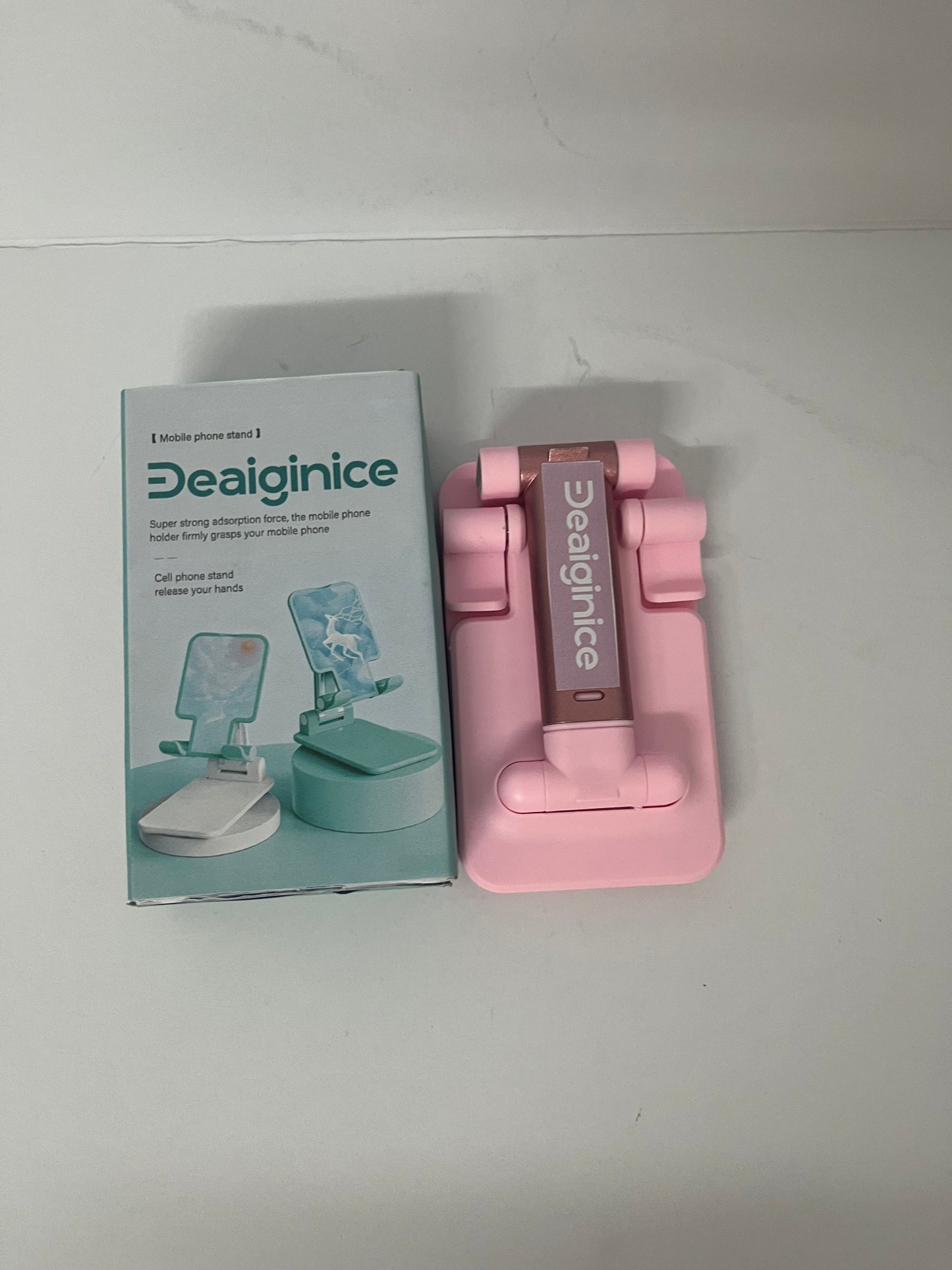 Deaiginice Cell Phone Stand, Angle Height Adjustable Cell Phone Holder for Desk, Fully Foldable with Silicone Pad, Compatible with iPhone and All Mobile Phones Tablet, Sturdy Weighted Base (Pink)