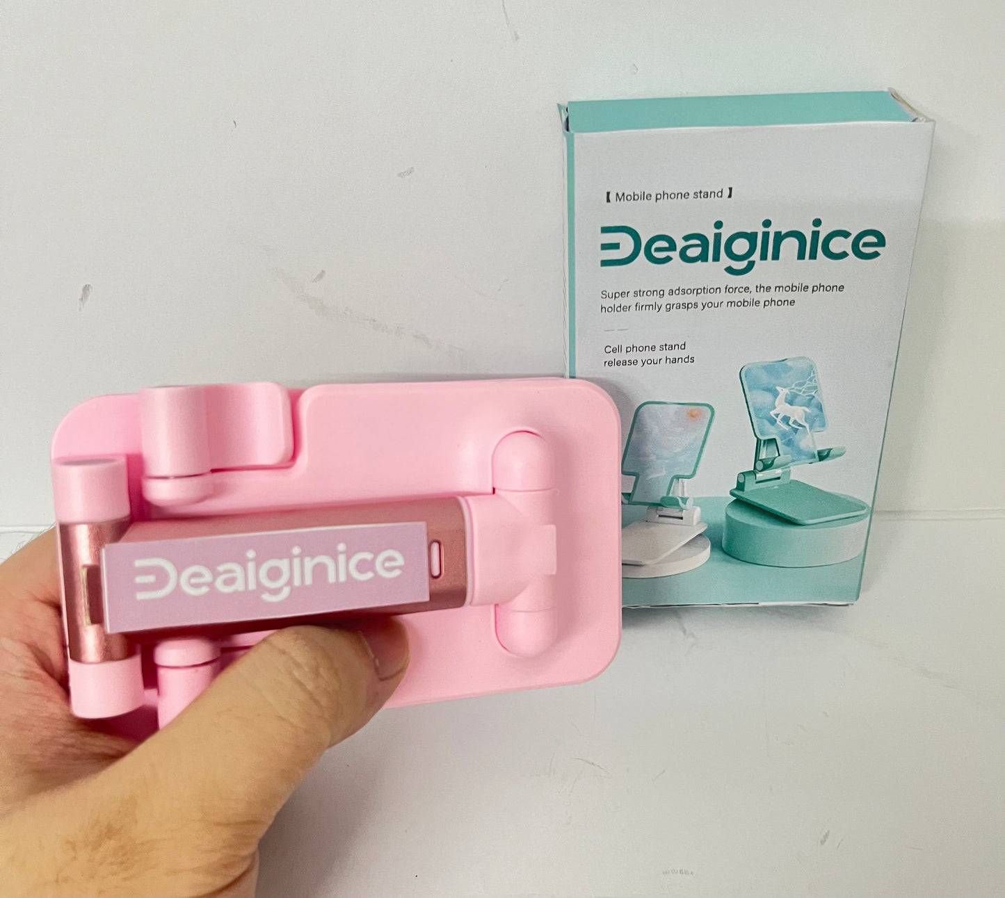 Deaiginice Cell Phone Stand, Angle Height Adjustable Cell Phone Holder for Desk, Fully Foldable with Silicone Pad, Compatible with iPhone and All Mobile Phones Tablet, Sturdy Weighted Base (Pink)