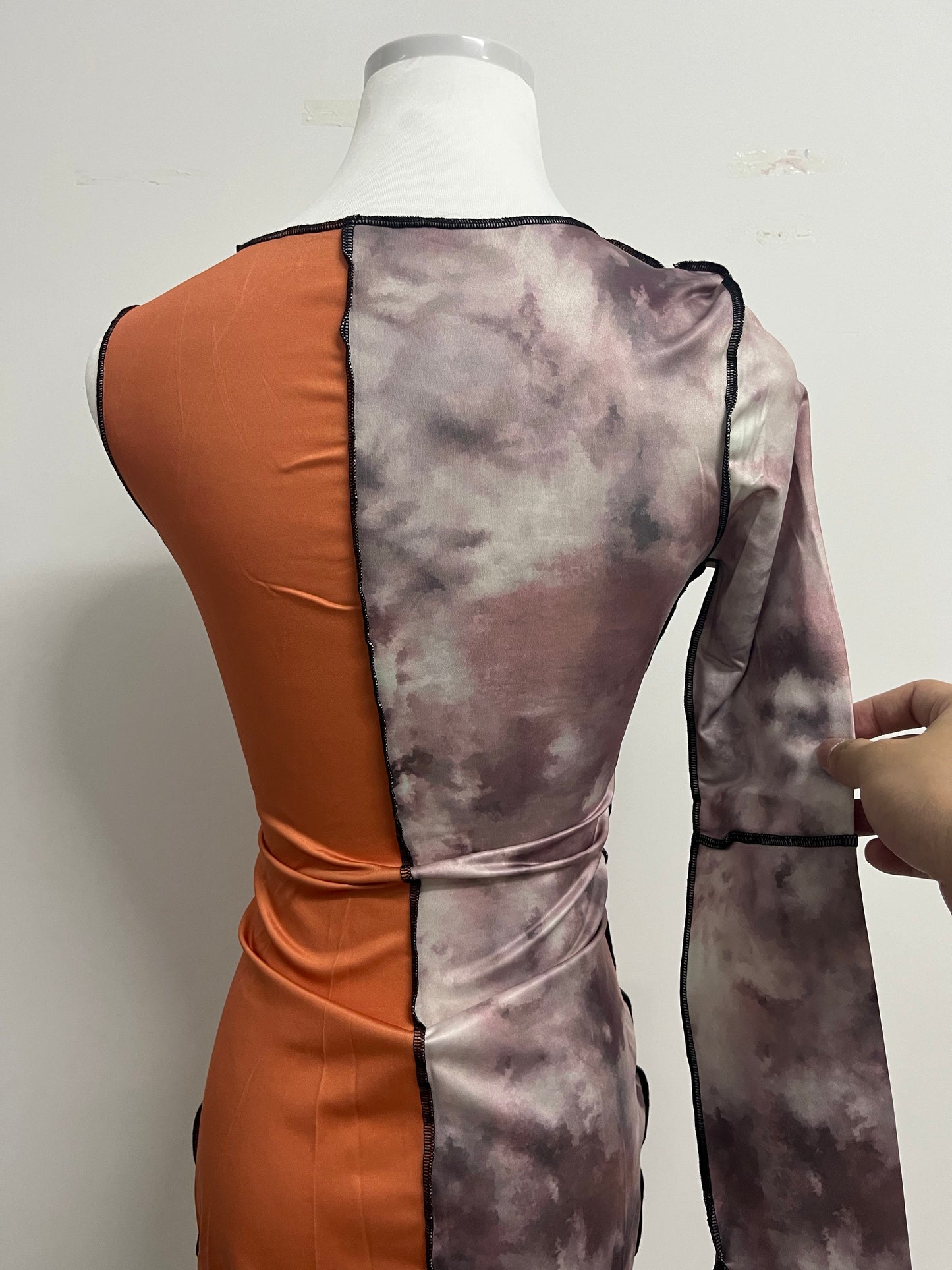 Destime Women's Tie Dye Long Sleeve Bodycon Dress One Shoulder Crew Neck Tight Pencil Dress