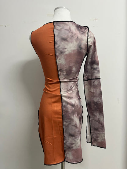 Destime Women's Tie Dye Long Sleeve Bodycon Dress One Shoulder Crew Neck Tight Pencil Dress