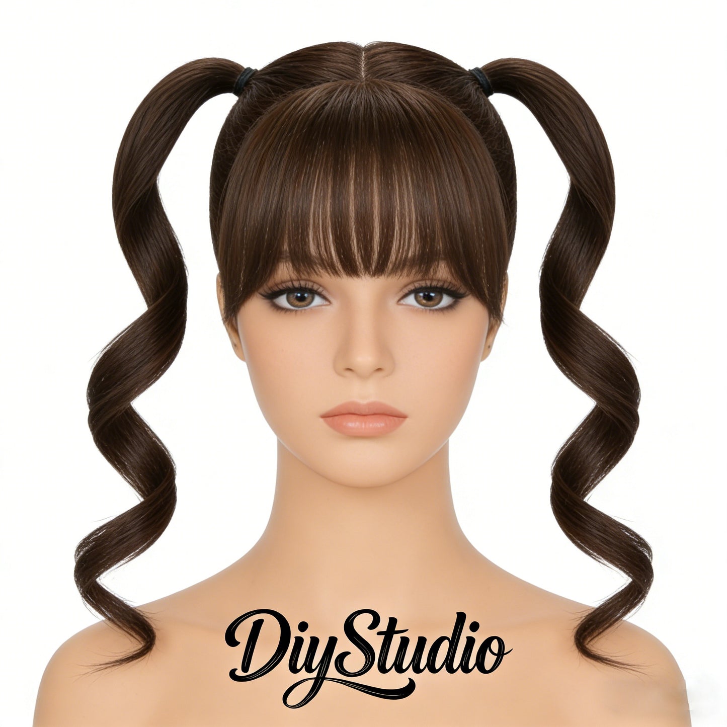 DiyStudio 2 Ponytails Integrated Wig with Air Bangs, Natural Wave Curly Hair Topper, Sweet Style Synthetic Hairpiece for Daily & Cosplay Use, Easy Wear Hair Wig for Women