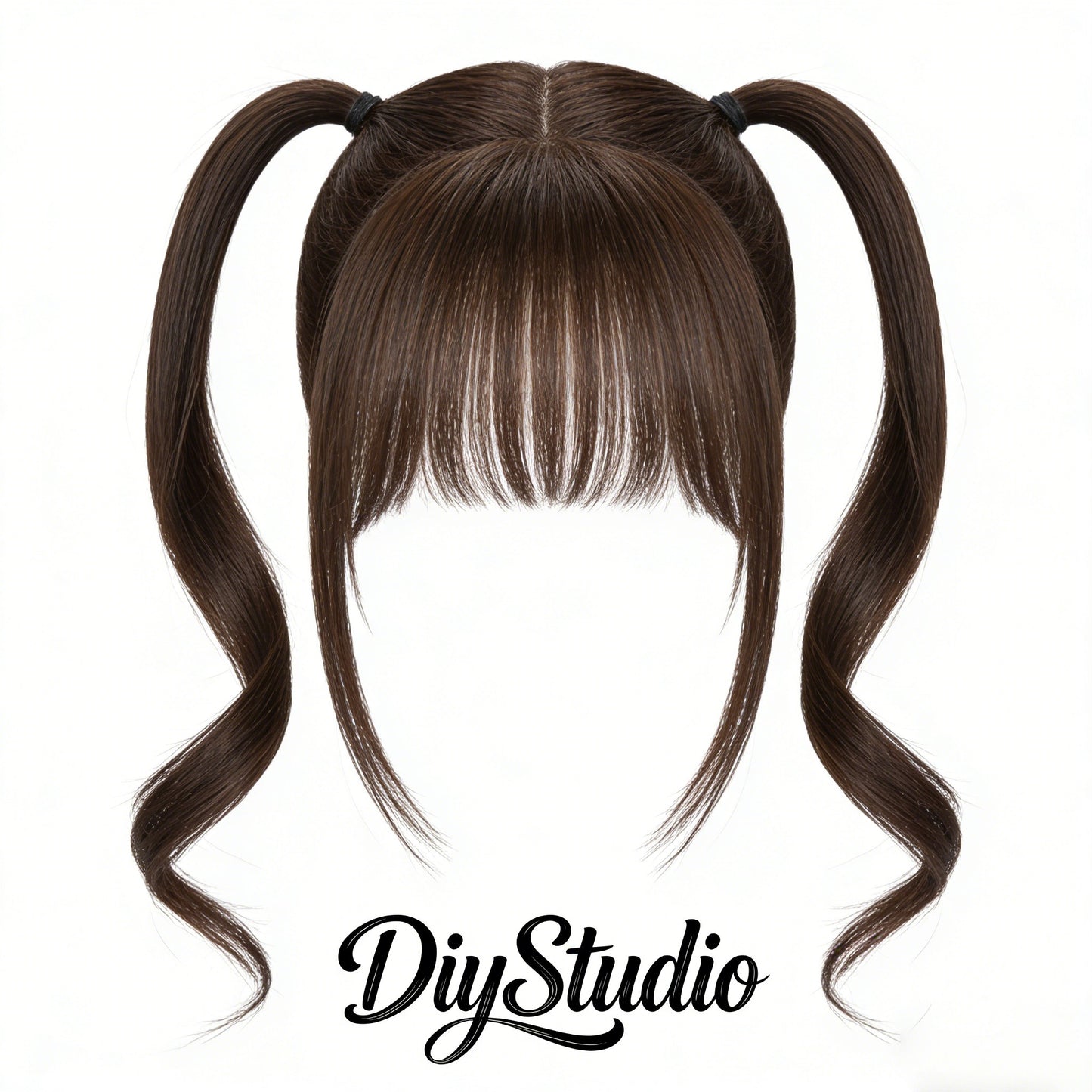 DiyStudio 2 Ponytails Integrated Wig with Air Bangs, Natural Wave Curly Hair Topper, Sweet Style Synthetic Hairpiece for Daily & Cosplay Use, Easy Wear Hair Wig for Women