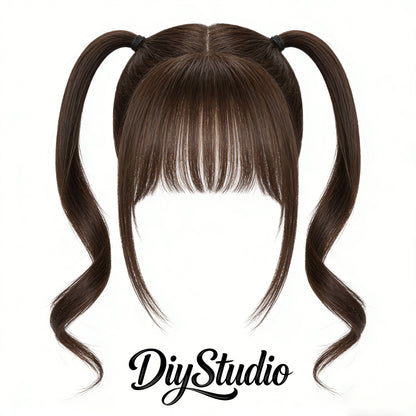 DiyStudio 2 Ponytails Integrated Wig with Air Bangs, Natural Wave Curly Hair Topper, Sweet Style Synthetic Hairpiece for Daily & Cosplay Use, Easy Wear Hair Wig for Women