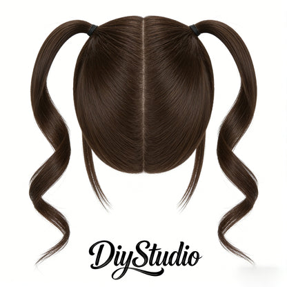 DiyStudio 2 Ponytails Integrated Wig with Air Bangs, Natural Wave Curly Hair Topper, Sweet Style Synthetic Hairpiece for Daily & Cosplay Use, Easy Wear Hair Wig for Women