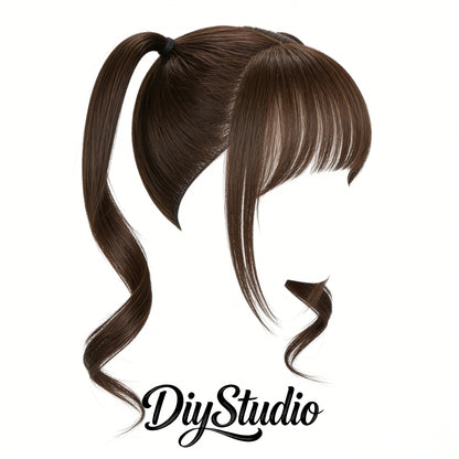 DiyStudio 2 Ponytails Integrated Wig with Air Bangs, Natural Wave Curly Hair Topper, Sweet Style Synthetic Hairpiece for Daily & Cosplay Use, Easy Wear Hair Wig for Women