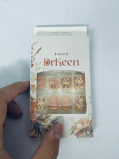 DrKeen False nails Fall Press on Nails Short Square Fake Nails Brown False Nails with Little bunny Design Cute Press on Nails Glossy Acrylic Nails Stick on Nails for Women and Girls Jelly Press on Nails 24Pcs
