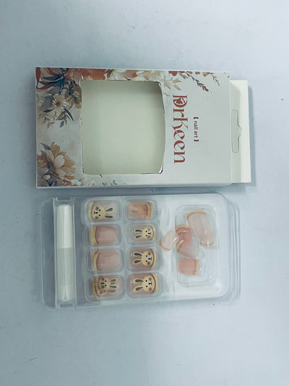 DrKeen False nails Fall Press on Nails Short Square Fake Nails Brown False Nails with Little bunny Design Cute Press on Nails Glossy Acrylic Nails Stick on Nails for Women and Girls Jelly Press on Nails 24Pcs