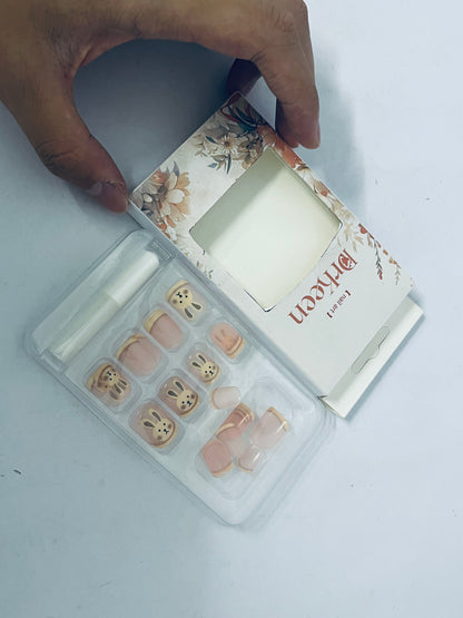 DrKeen False nails Fall Press on Nails Short Square Fake Nails Brown False Nails with Little bunny Design Cute Press on Nails Glossy Acrylic Nails Stick on Nails for Women and Girls Jelly Press on Nails 24Pcs