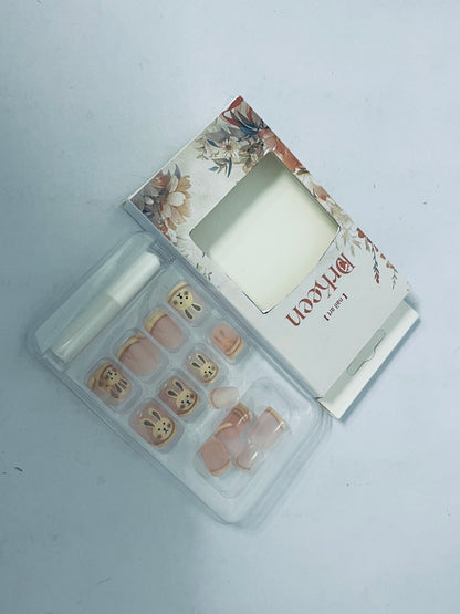 DrKeen False nails Fall Press on Nails Short Square Fake Nails Brown False Nails with Little bunny Design Cute Press on Nails Glossy Acrylic Nails Stick on Nails for Women and Girls Jelly Press on Nails 24Pcs