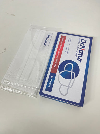 DrNatur Medical Surgical Mask, 50 Pcs Individually Wrapped, BFE ≥95%, 3-Layer Protection, Comfortable & Breathable, Medical-Grade Daily Protection