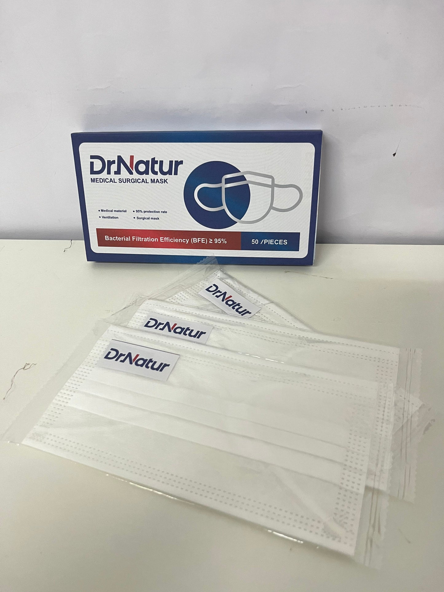 DrNatur Medical Surgical Mask, 50 Pcs Individually Wrapped, BFE ≥95%, 3-Layer Protection, Comfortable & Breathable, Medical-Grade Daily Protection