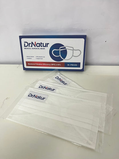 DrNatur Medical Surgical Mask, 50 Pcs Individually Wrapped, BFE ≥95%, 3-Layer Protection, Comfortable & Breathable, Medical-Grade Daily Protection