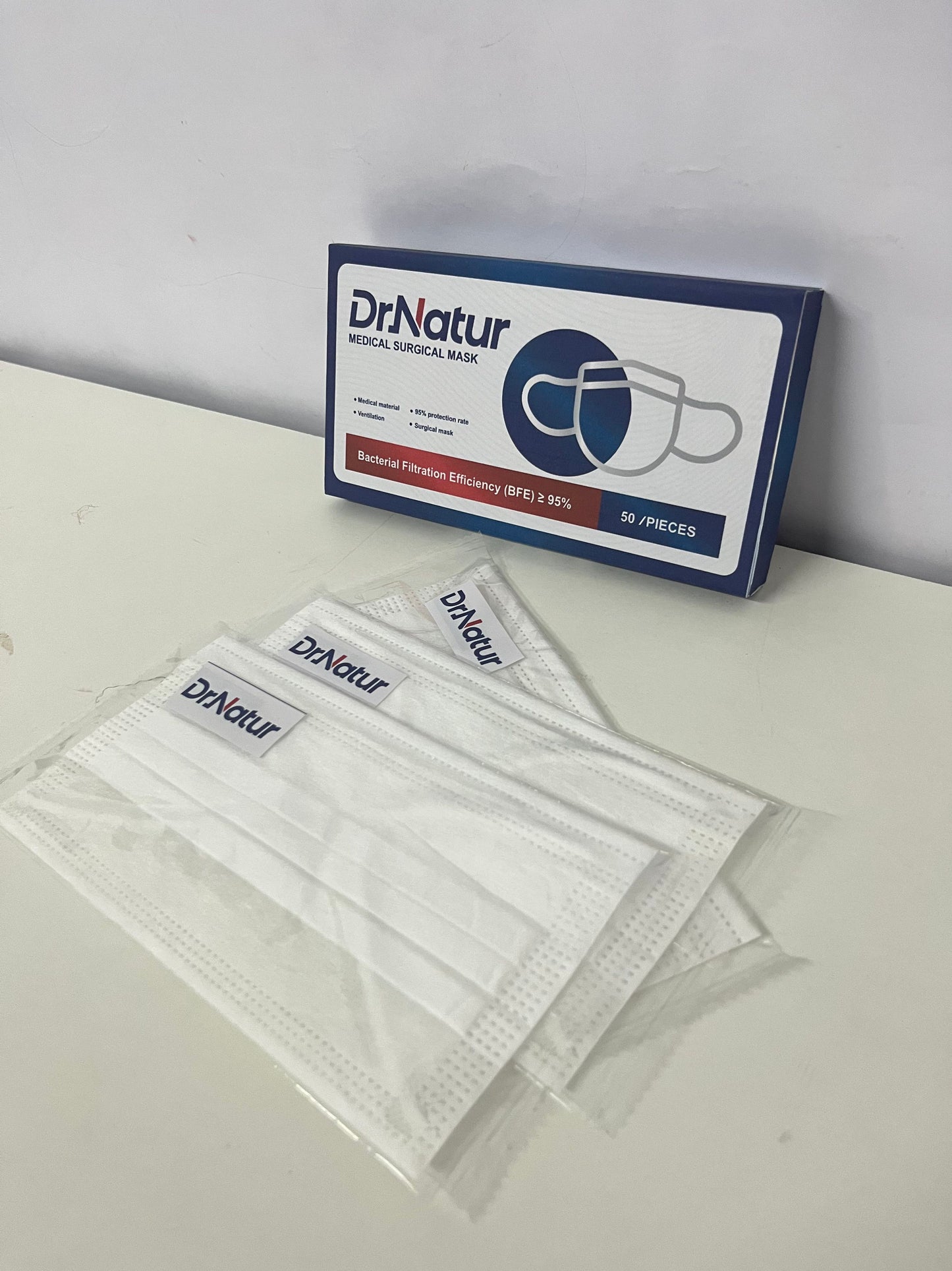 DrNatur Medical Surgical Mask, 50 Pcs Individually Wrapped, BFE ≥95%, 3-Layer Protection, Comfortable & Breathable, Medical-Grade Daily Protection