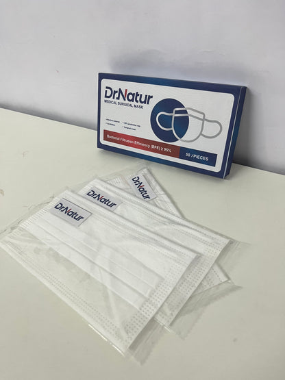 DrNatur Medical Surgical Mask, 50 Pcs Individually Wrapped, BFE ≥95%, 3-Layer Protection, Comfortable & Breathable, Medical-Grade Daily Protection