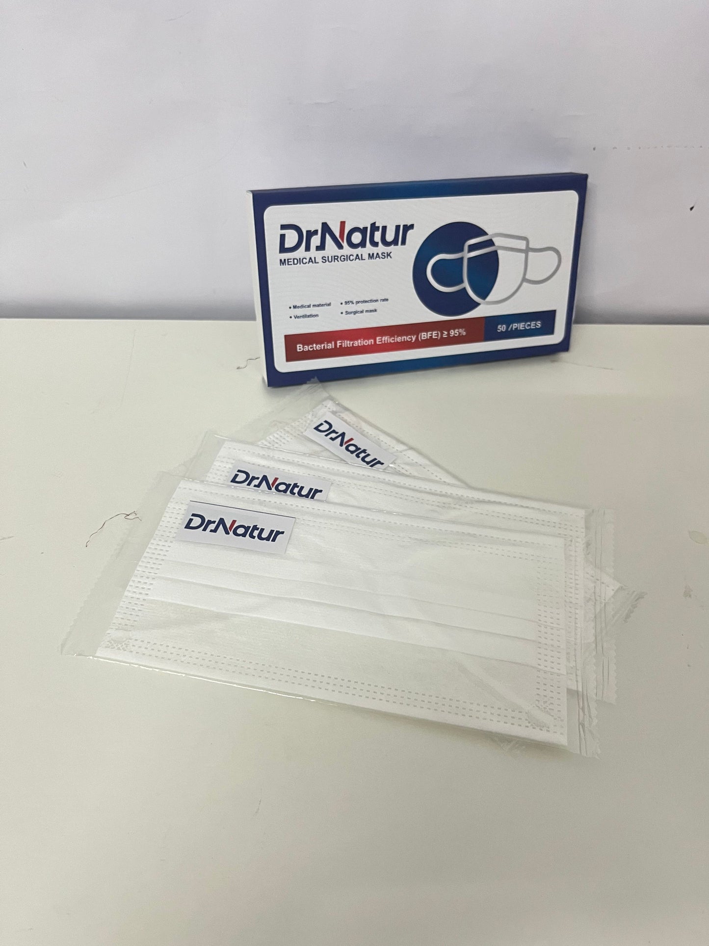 DrNatur Medical Surgical Mask, 50 Pcs Individually Wrapped, BFE ≥95%, 3-Layer Protection, Comfortable & Breathable, Medical-Grade Daily Protection