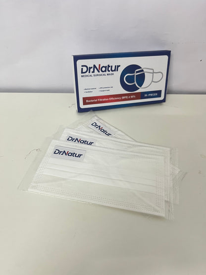 DrNatur Medical Surgical Mask, 50 Pcs Individually Wrapped, BFE ≥95%, 3-Layer Protection, Comfortable & Breathable, Medical-Grade Daily Protection
