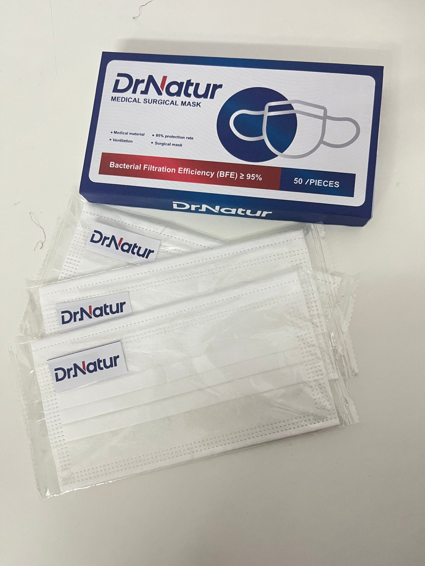 DrNatur Medical Surgical Mask, 50 Pcs Individually Wrapped, BFE ≥95%, 3-Layer Protection, Comfortable & Breathable, Medical-Grade Daily Protection