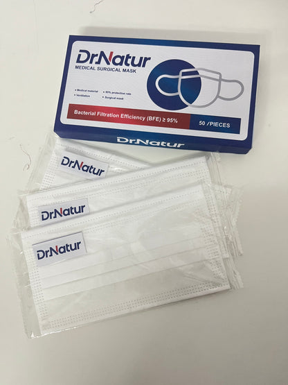 DrNatur Medical Surgical Mask, 50 Pcs Individually Wrapped, BFE ≥95%, 3-Layer Protection, Comfortable & Breathable, Medical-Grade Daily Protection
