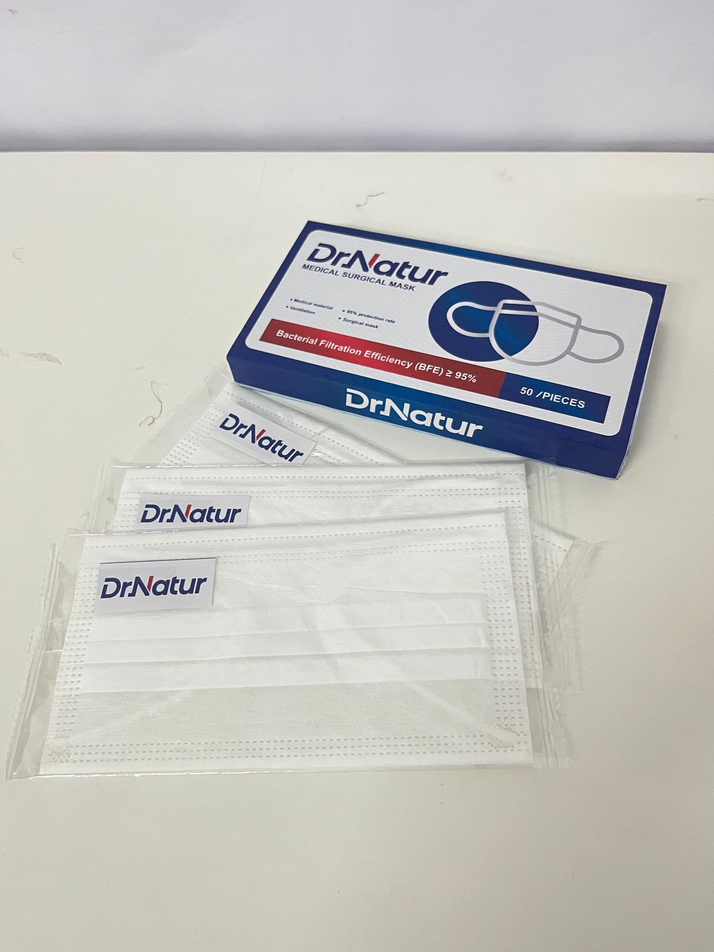 DrNatur Medical Surgical Mask, 50 Pcs Individually Wrapped, BFE ≥95%, 3-Layer Protection, Comfortable & Breathable, Medical-Grade Daily Protection