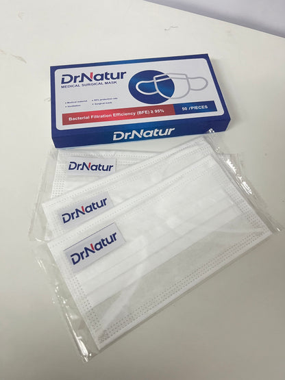 DrNatur Medical Surgical Mask, 50 Pcs Individually Wrapped, BFE ≥95%, 3-Layer Protection, Comfortable & Breathable, Medical-Grade Daily Protection
