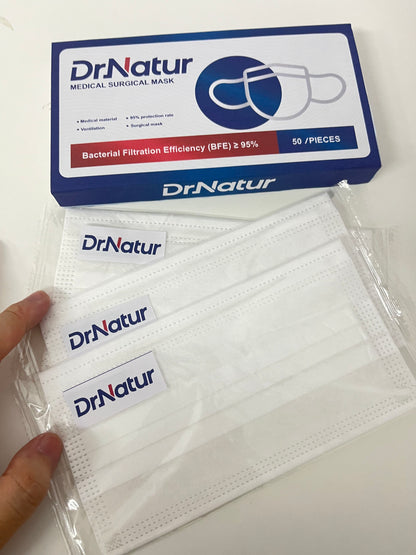 DrNatur Medical Surgical Mask, 50 Pcs Individually Wrapped, BFE ≥95%, 3-Layer Protection, Comfortable & Breathable, Medical-Grade Daily Protection