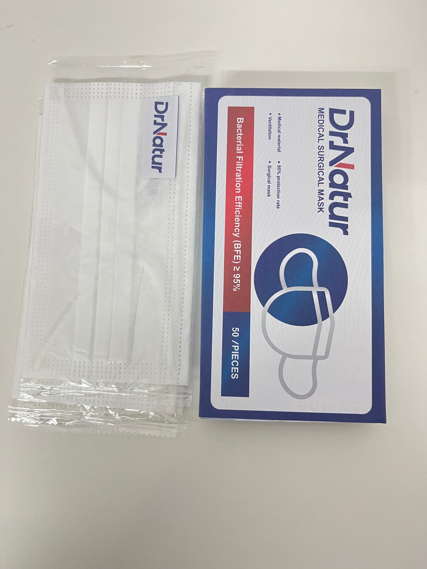 DrNatur Medical Surgical Mask, 50 Pcs Individually Wrapped, BFE ≥95%, 3-Layer Protection, Comfortable & Breathable, Medical-Grade Daily Protection