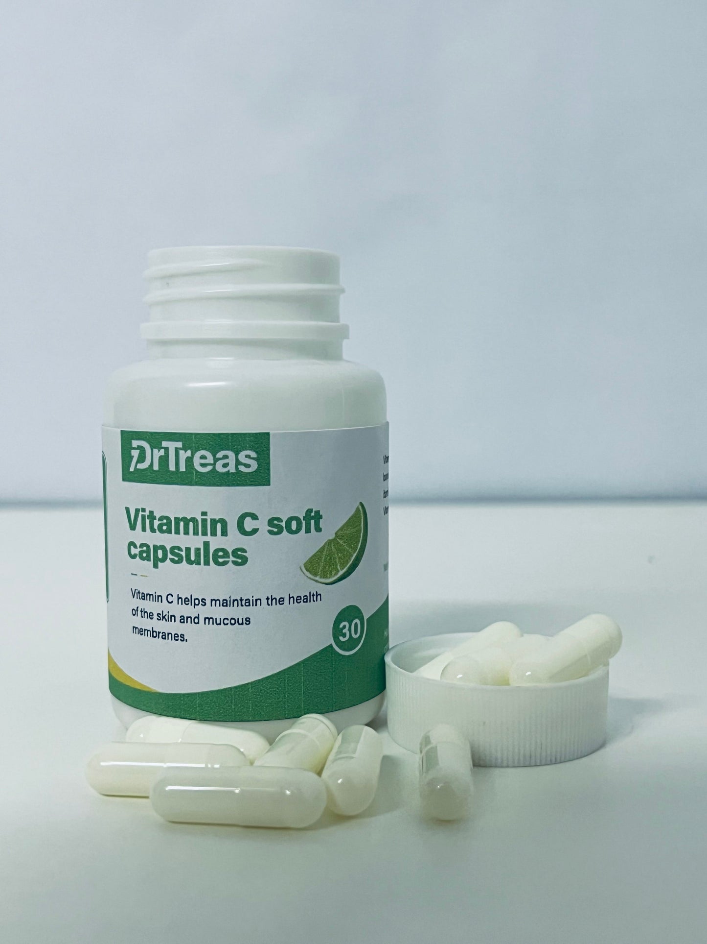 DrTreas Vitamin C Soft Capsules: Revitalize Skin & Mucous Membranes Health, Lime Flavor for Easy