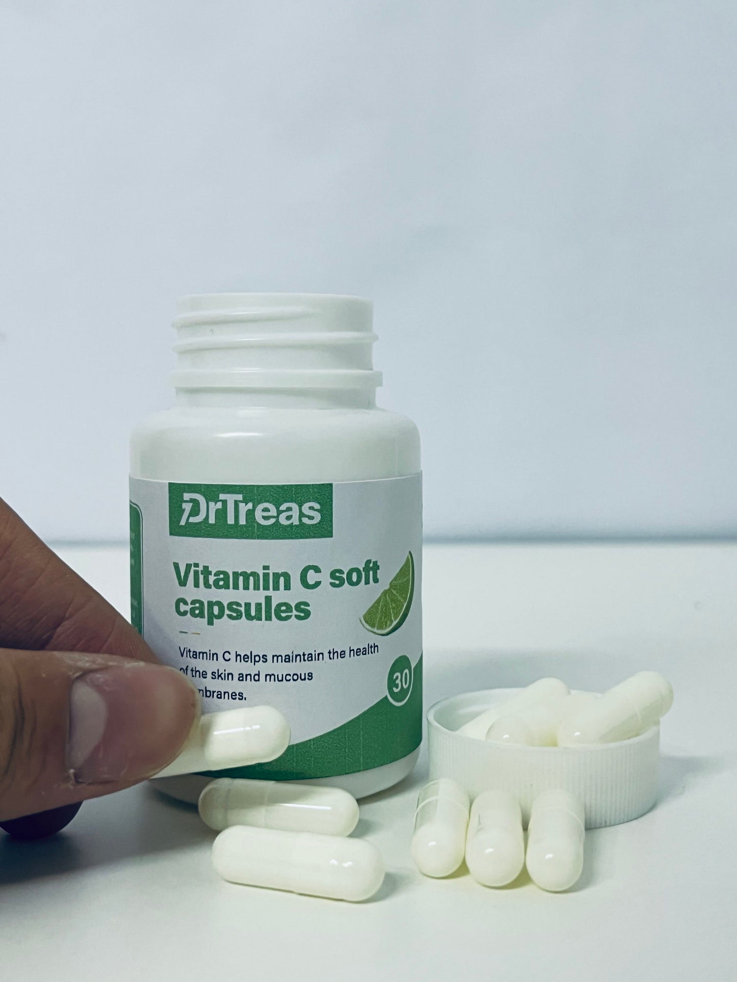 DrTreas Vitamin C Soft Capsules: Revitalize Skin & Mucous Membranes Health, Lime Flavor for Easy