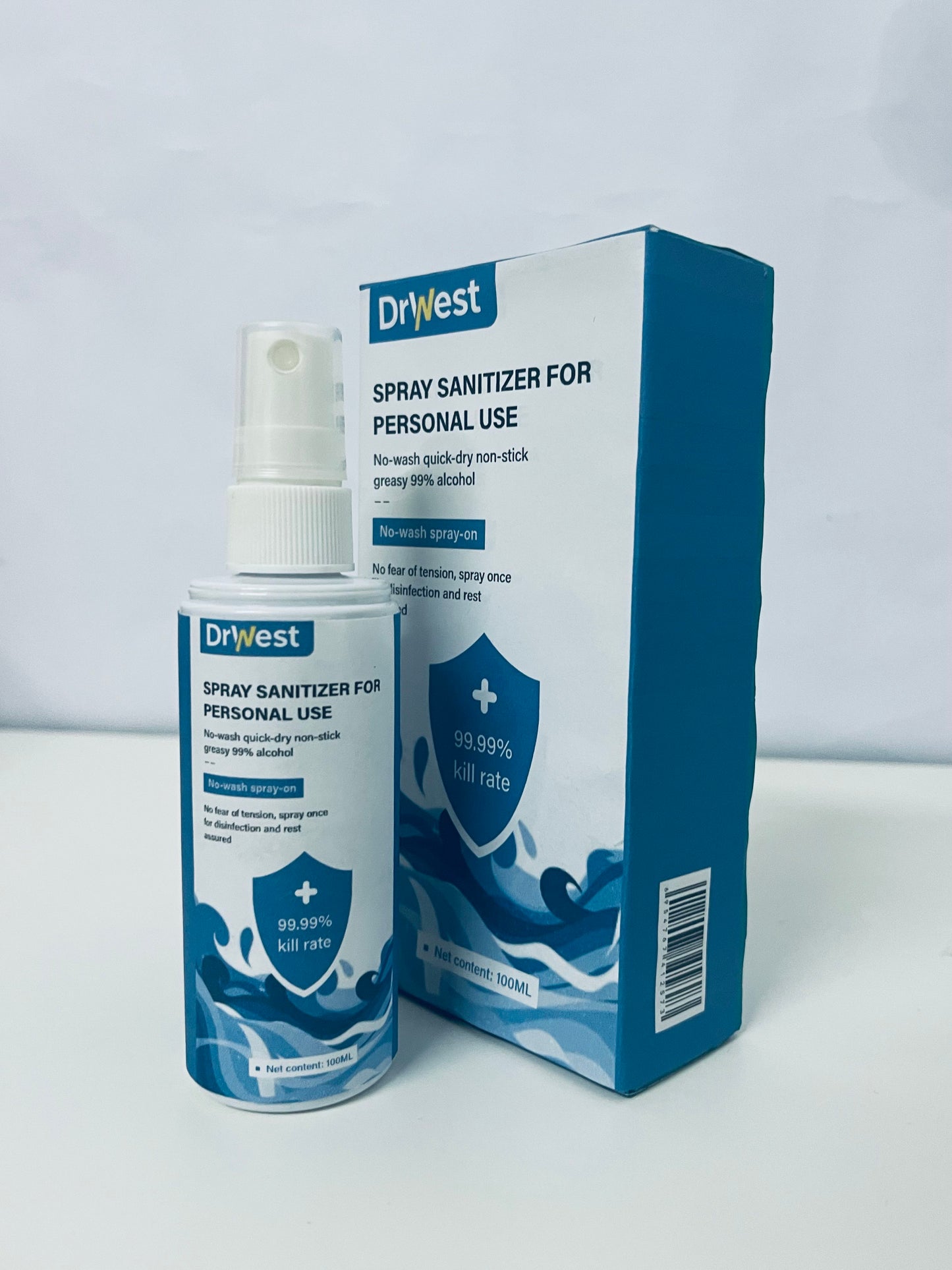 DrWest Personal Spray Sanitizer - 100mL 99% Alcohol Formula, 99.99% Germ Kill Rate, No-Wash Quick-Dry Non-Sticky Hand & Surface Disinfectant for Travel/Commute/Daily Use
