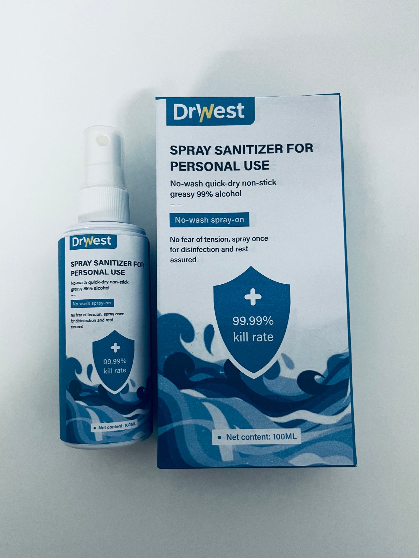 DrWest Personal Spray Sanitizer - 100mL 99% Alcohol Formula, 99.99% Germ Kill Rate, No-Wash Quick-Dry Non-Sticky Hand & Surface Disinfectant for Travel/Commute/Daily Use