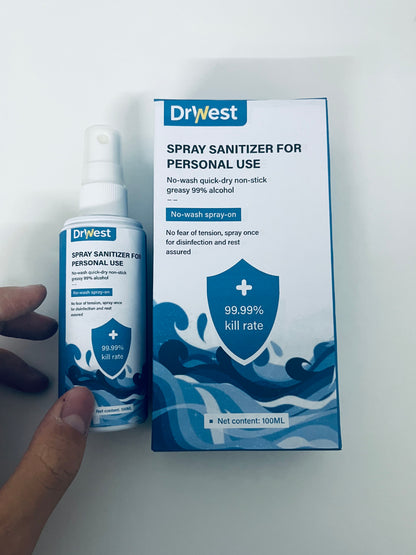 DrWest Personal Spray Sanitizer - 100mL 99% Alcohol Formula, 99.99% Germ Kill Rate, No-Wash Quick-Dry Non-Sticky Hand & Surface Disinfectant for Travel/Commute/Daily Use