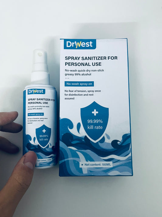 DrWest Personal Spray Sanitizer - 100mL 99% Alcohol Formula, 99.99% Germ Kill Rate, No-Wash Quick-Dry Non-Sticky Hand & Surface Disinfectant for Travel/Commute/Daily Use