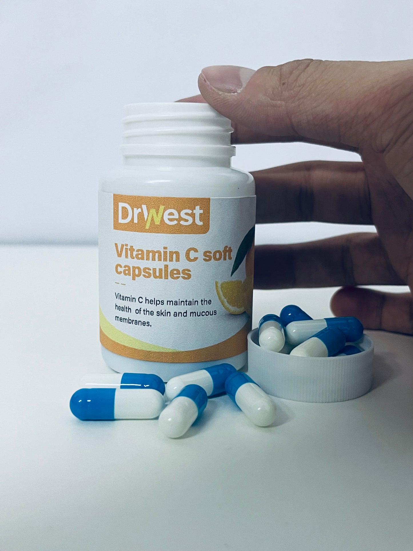 DrWest Vitamin C Soft Capsules - Daily Nutritional Supplement for Skin & Mucous Membrane Health, Easy-to-Swallow Capsules in Compact Portable Bottle