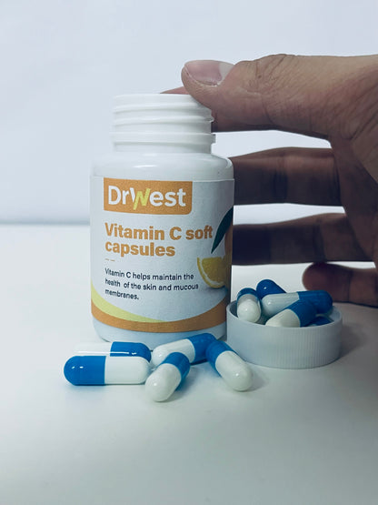 DrWest Vitamin C Soft Capsules - Daily Nutritional Supplement for Skin & Mucous Membrane Health, Easy-to-Swallow Capsules in Compact Portable Bottle