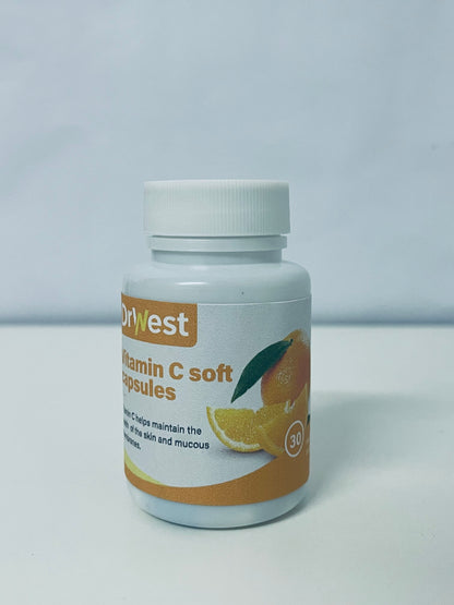 DrWest Vitamin C Soft Capsules - Daily Nutritional Supplement for Skin & Mucous Membrane Health, Easy-to-Swallow Capsules in Compact Portable Bottle