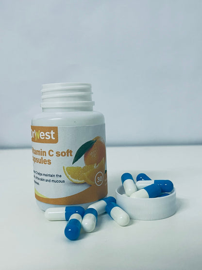 DrWest Vitamin C Soft Capsules - Daily Nutritional Supplement for Skin & Mucous Membrane Health, Easy-to-Swallow Capsules in Compact Portable Bottle