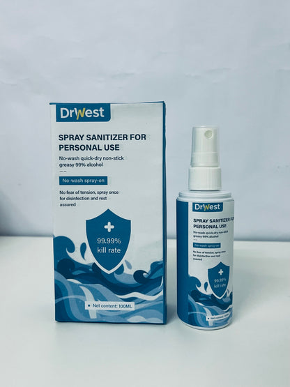 DrWest Personal Spray Sanitizer - 100mL 99% Alcohol Formula, 99.99% Germ Kill Rate, No-Wash Quick-Dry Non-Sticky Hand & Surface Disinfectant for Travel/Commute/Daily Use