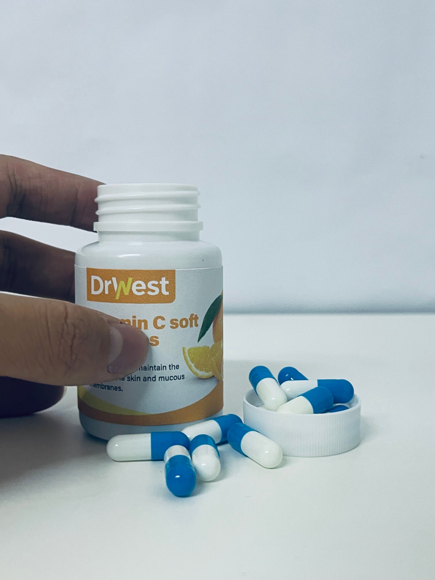 DrWest Vitamin C Soft Capsules - Daily Nutritional Supplement for Skin & Mucous Membrane Health, Easy-to-Swallow Capsules in Compact Portable Bottle