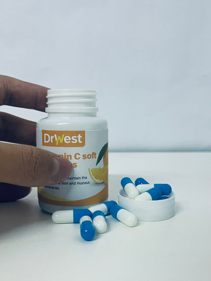 DrWest Vitamin C Soft Capsules - Daily Nutritional Supplement for Skin & Mucous Membrane Health, Easy-to-Swallow Capsules in Compact Portable Bottle
