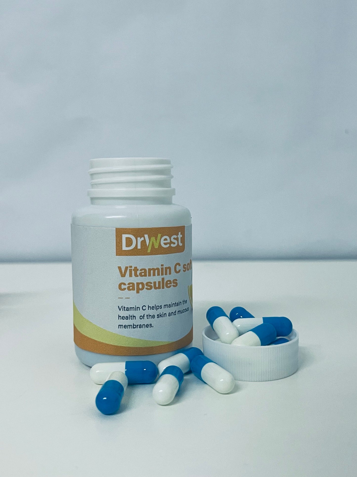 DrWest Vitamin C Soft Capsules - Daily Nutritional Supplement for Skin & Mucous Membrane Health, Easy-to-Swallow Capsules in Compact Portable Bottle