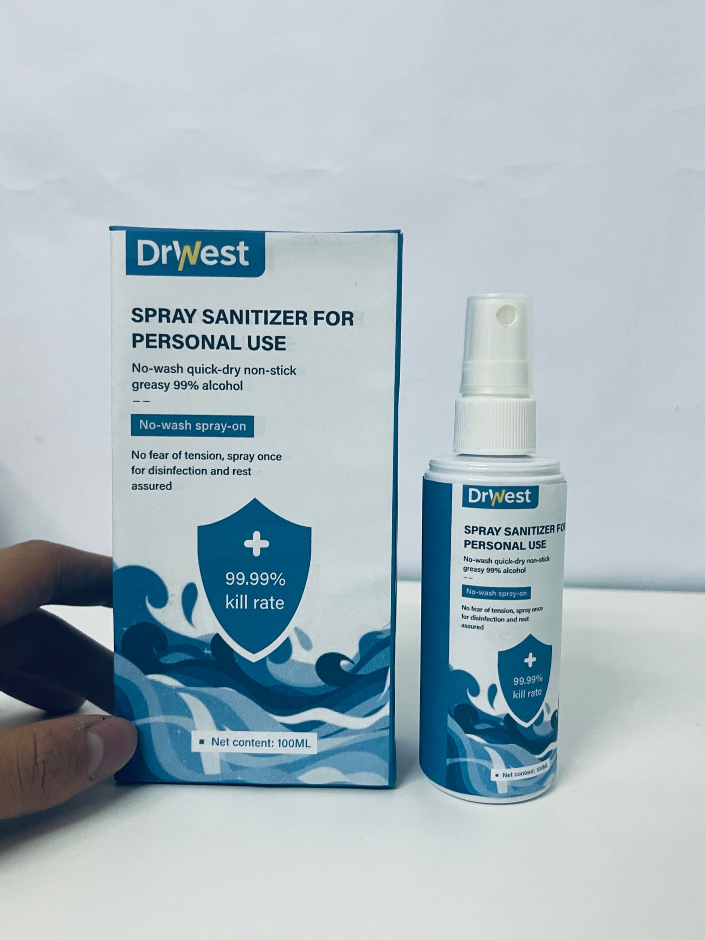 DrWest Personal Spray Sanitizer - 100mL 99% Alcohol Formula, 99.99% Germ Kill Rate, No-Wash Quick-Dry Non-Sticky Hand & Surface Disinfectant for Travel/Commute/Daily Use