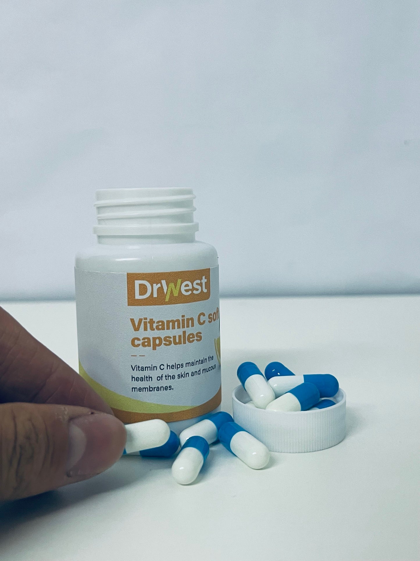DrWest Vitamin C Soft Capsules - Daily Nutritional Supplement for Skin & Mucous Membrane Health, Easy-to-Swallow Capsules in Compact Portable Bottle