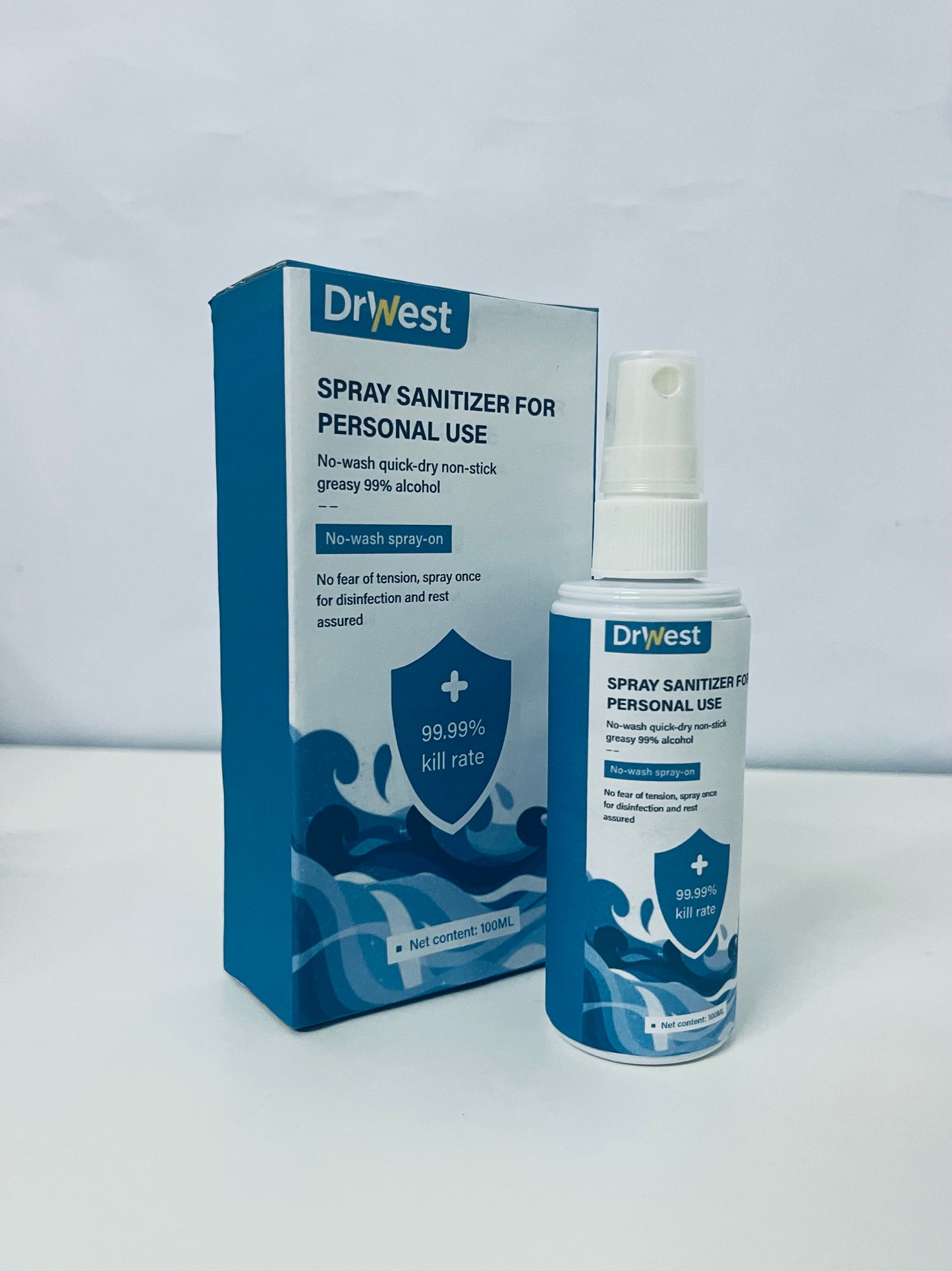 DrWest Personal Spray Sanitizer - 100mL 99% Alcohol Formula, 99.99% Germ Kill Rate, No-Wash Quick-Dry Non-Sticky Hand & Surface Disinfectant for Travel/Commute/Daily Use